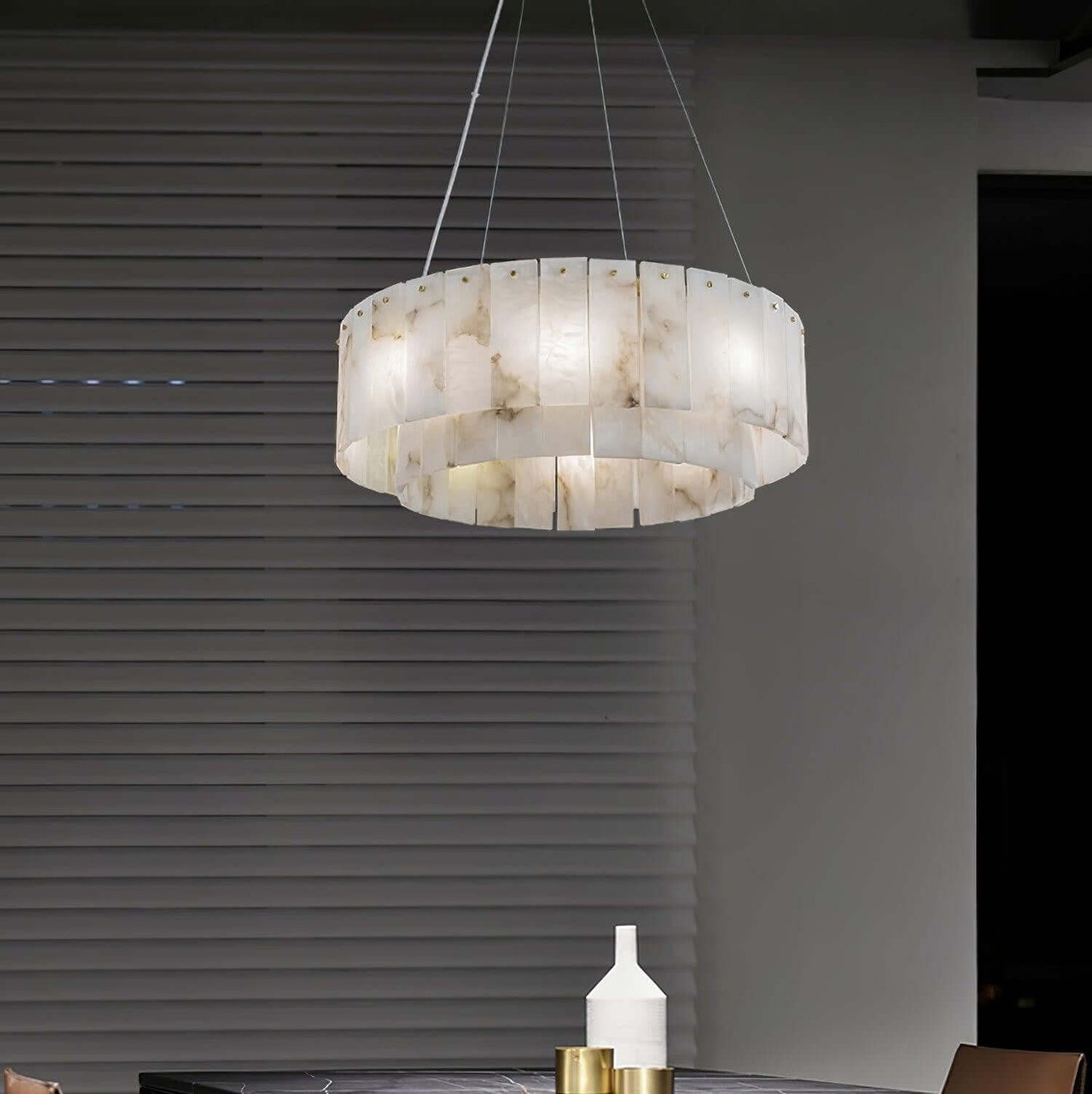 Elegant alabaster chandelier with two tiers, perfect for adding a Victorian touch to modern interiors.