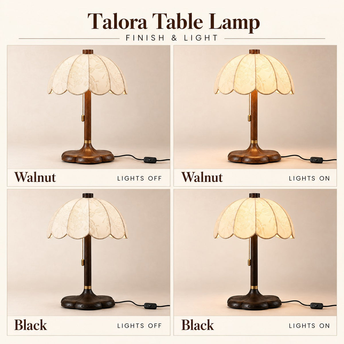 Talora table lamp in Walnut and Black finishes, shown with the lights off and on in a four-panel comparison.