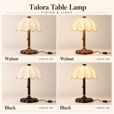 Talora table lamp in Walnut and Black finishes, shown with the lights off and on in a four-panel comparison.