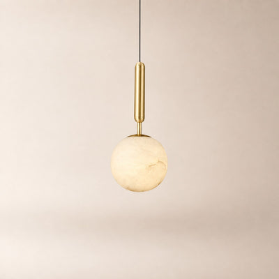 Velriq alabaster globe pendant light with a brushed brass stem and black suspension cord