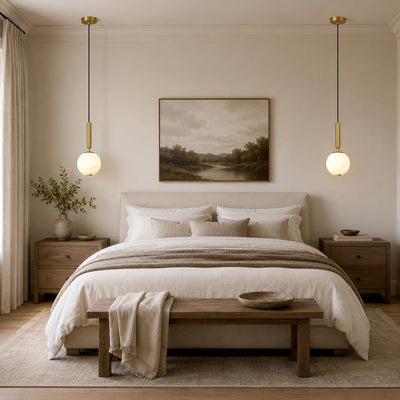 Pair of Velriq alabaster pendant lights hanging above bedside tables in a neutral bedroom