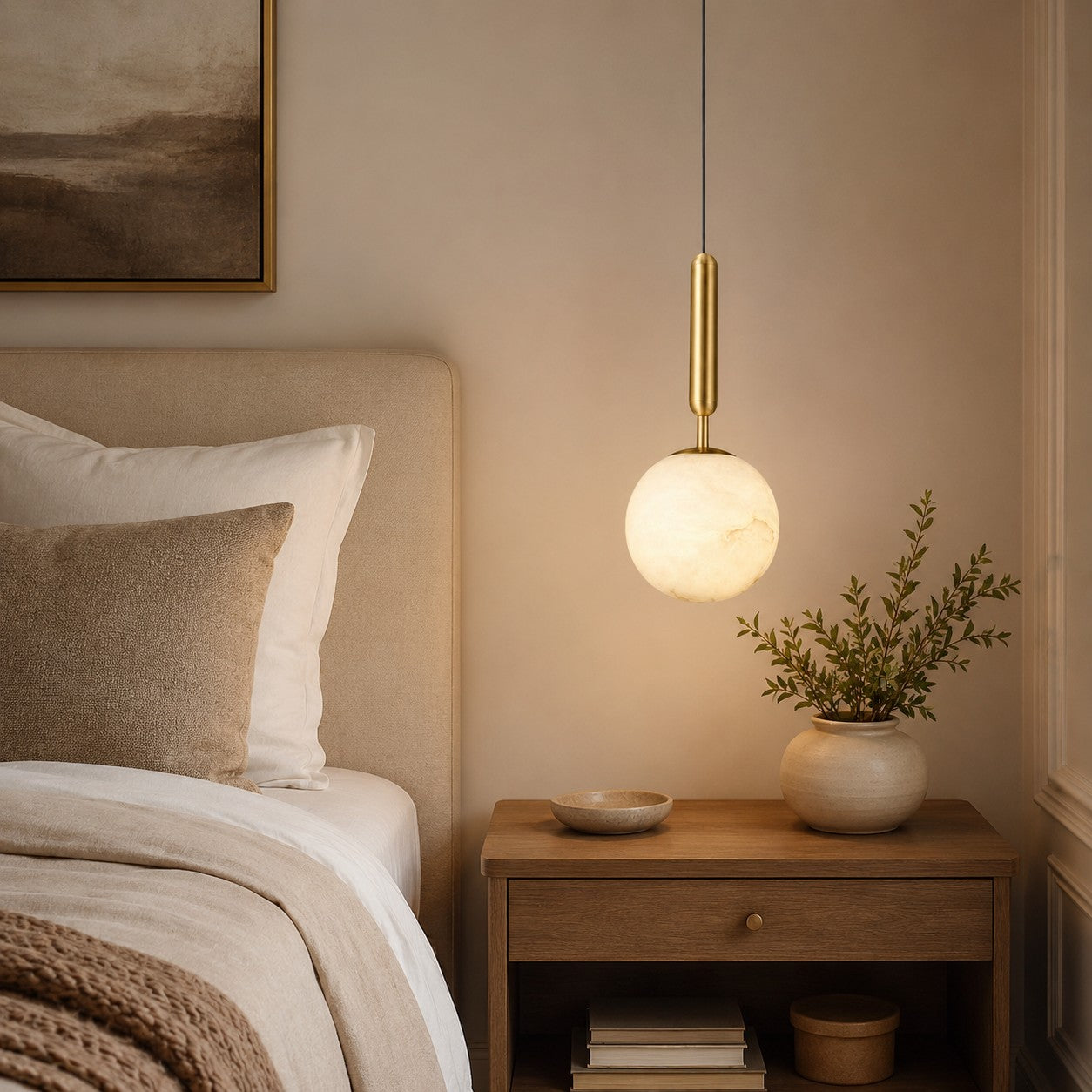 Velriq alabaster bedside pendant light casting a warm glow beside a neutral upholstered bed