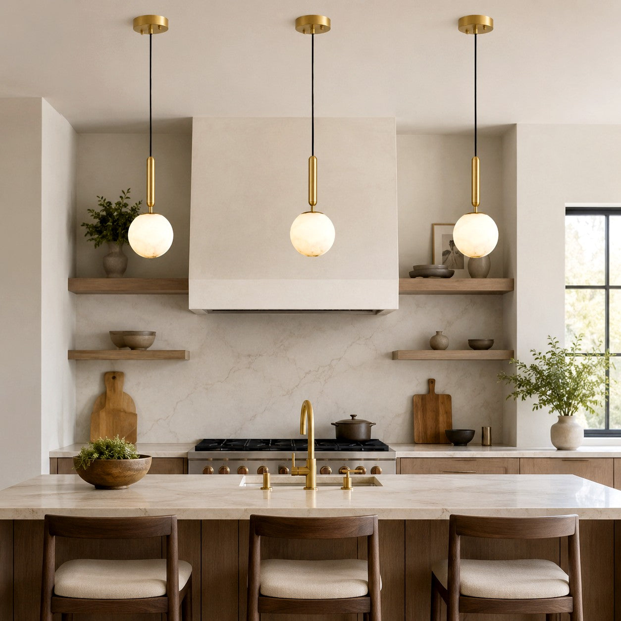 Three Velriq alabaster pendant lights with brass accents above a modern kitchen island