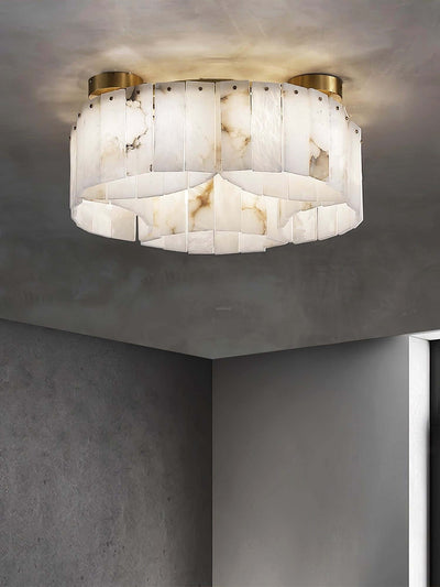 Modern alabaster semi flush mount Vormia Ceiling Light in art deco style, perfect for small bathroom fixtures.