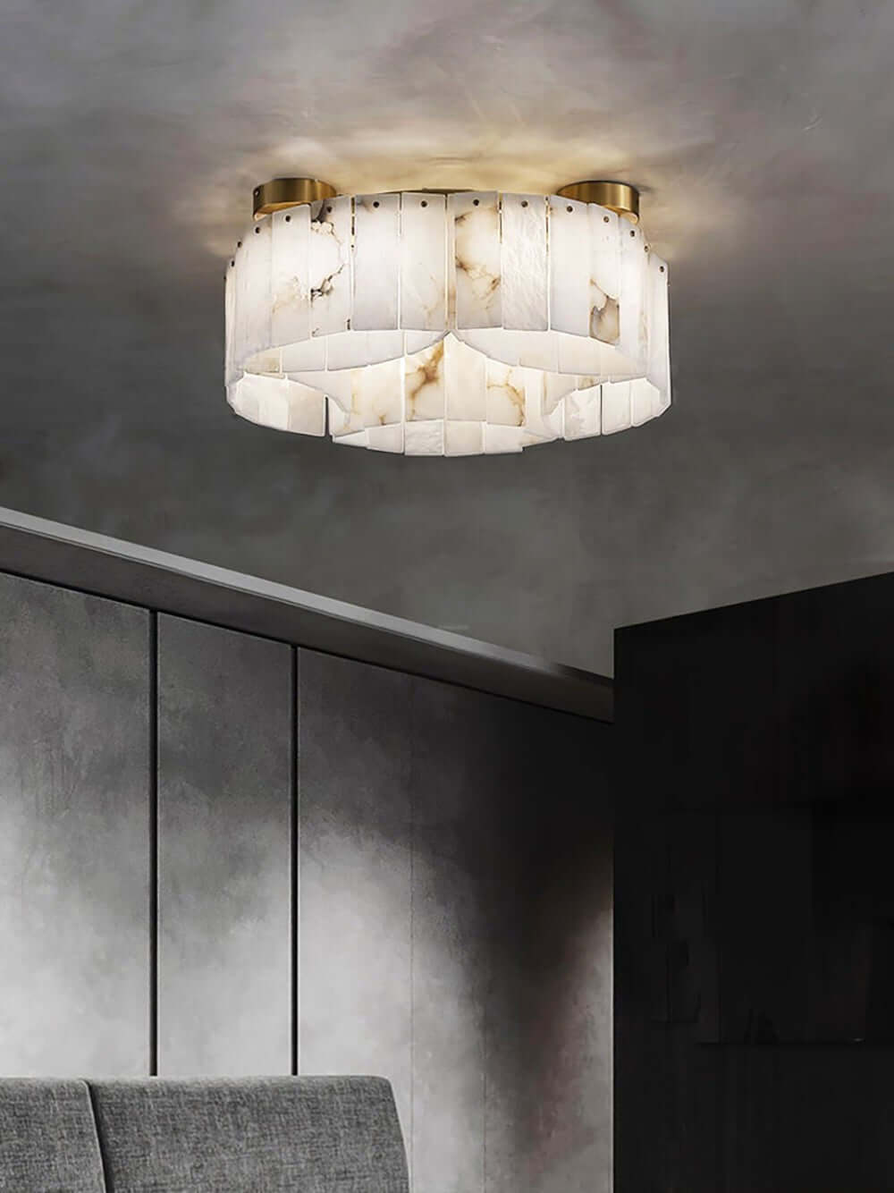 Vormia alabaster semi flush mount ceiling light in art deco style, ideal for small bathroom lighting.