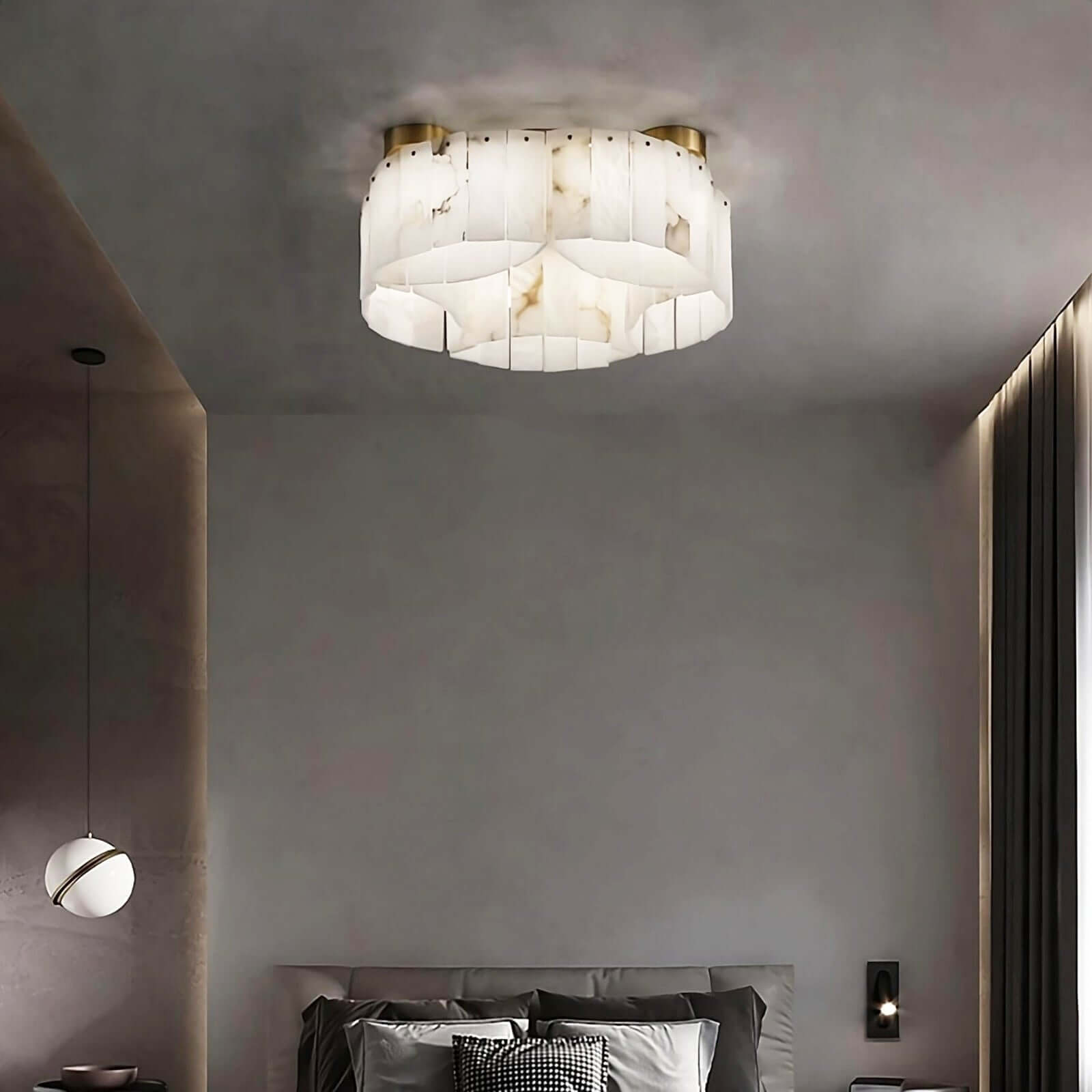 Vormia ceiling light in alabaster, a stylish art deco semi-flush mount ideal for small spaces and bathrooms.