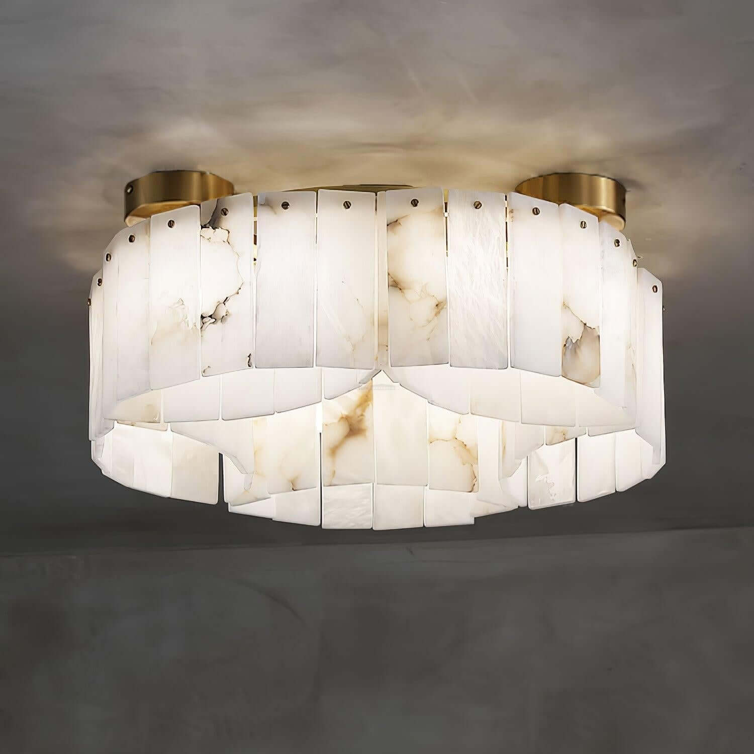 Vormia alabaster semi flush mount art deco ceiling light with gold accents for stylish small bathroom lighting.