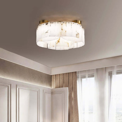 Vormia ceiling light in alabaster, semi flush mount design, perfect for art deco decor or small bathroom lighting.