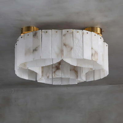 Vormia Ceiling Light in alabaster semi flush mount design, ideal for art deco style small bathroom light fixture.