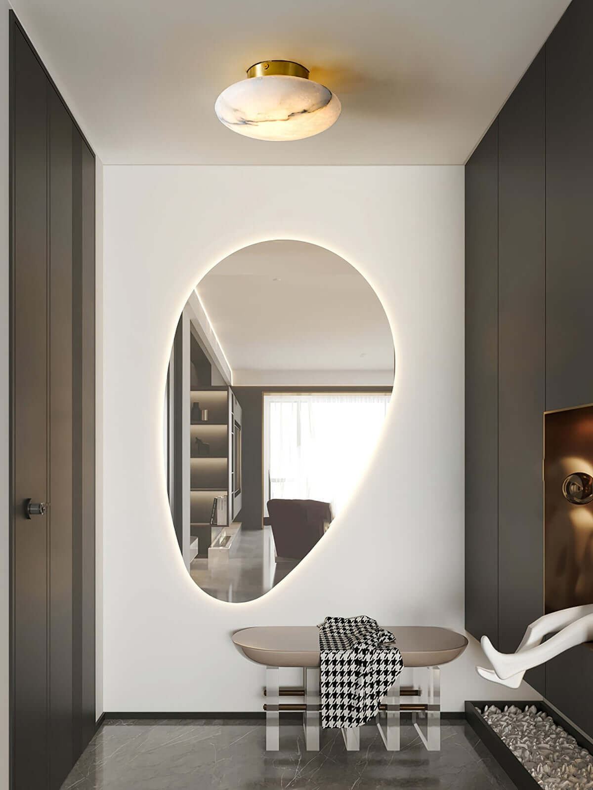 Zarion Ceiling Light | Alabaster Flush Mount & Small Brass Fixture