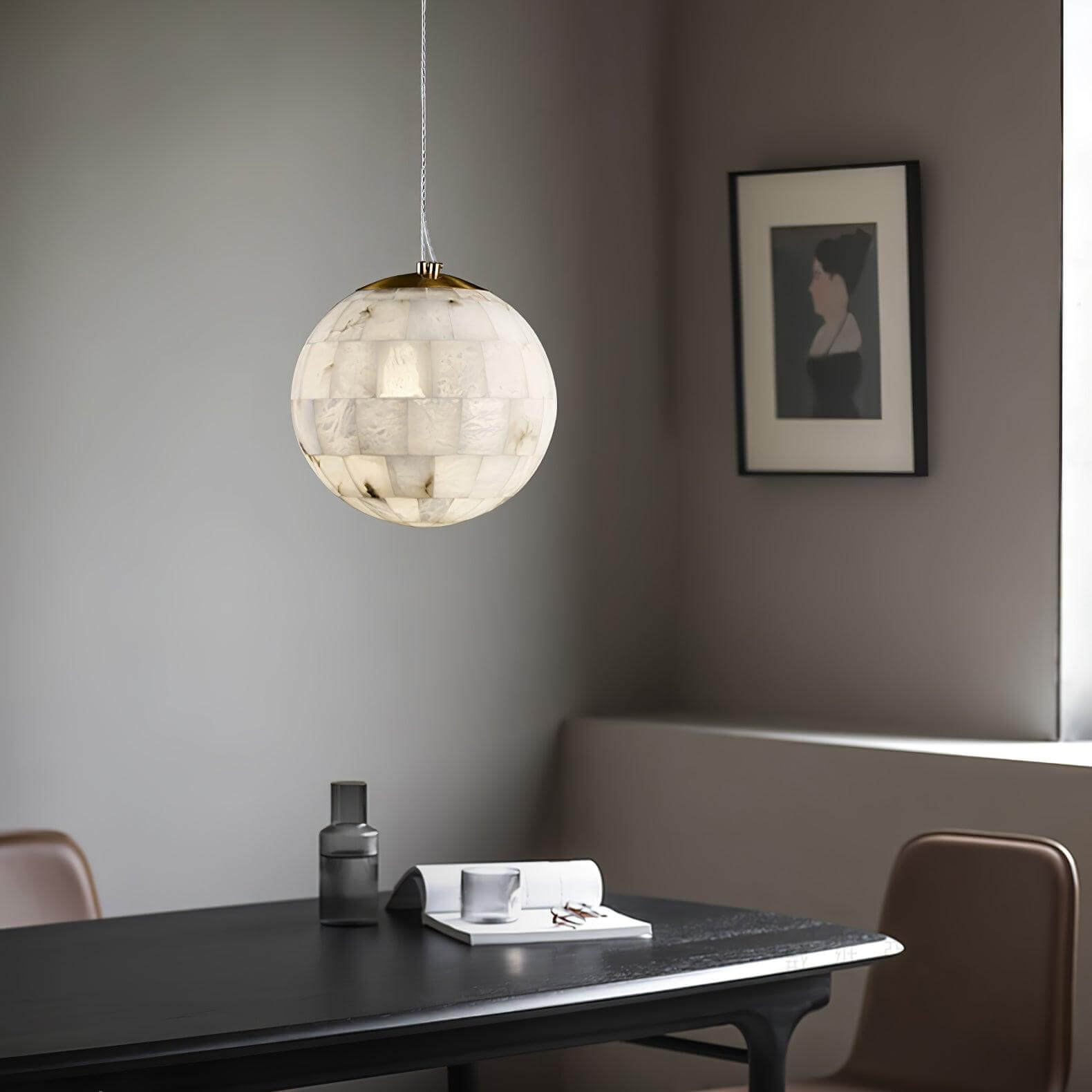 Zarqe Alabaster Pendant Light, Spherical Design, Perfect for Kitchen Table or Modern Decor, Dia 28cm or 35cm
