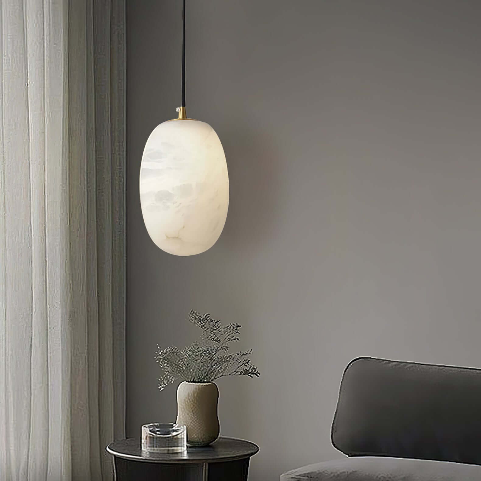 Zelino Pendant Light in alabaster, modern MCM style, perfect for kitchen island lighting, 10cm diameter.