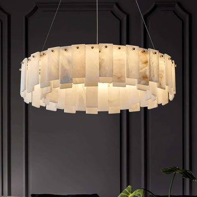 Zemora alabaster chandelier, round mid century modern lighting fixture, elegantly illuminated in a stylish interior.