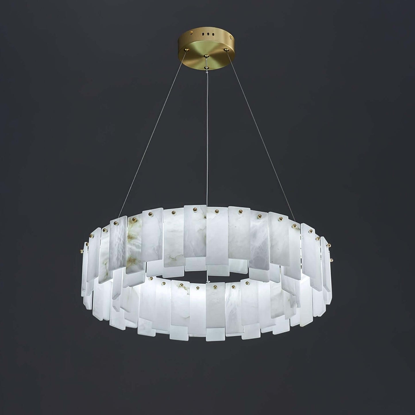 Zemora alabaster chandelier with a round design, showcasing mid-century modern lighting features against a dark background.