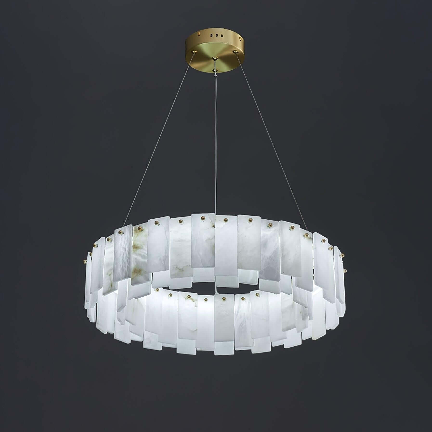Zemora alabaster chandelier with a round design, showcasing mid-century modern lighting features against a dark background.