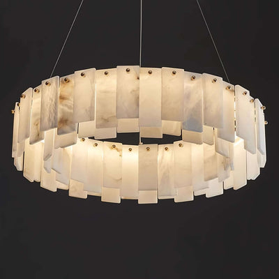 Zemora chandelier featuring alabaster panels in a round mid-century modern design, perfect for elegant lighting decor.