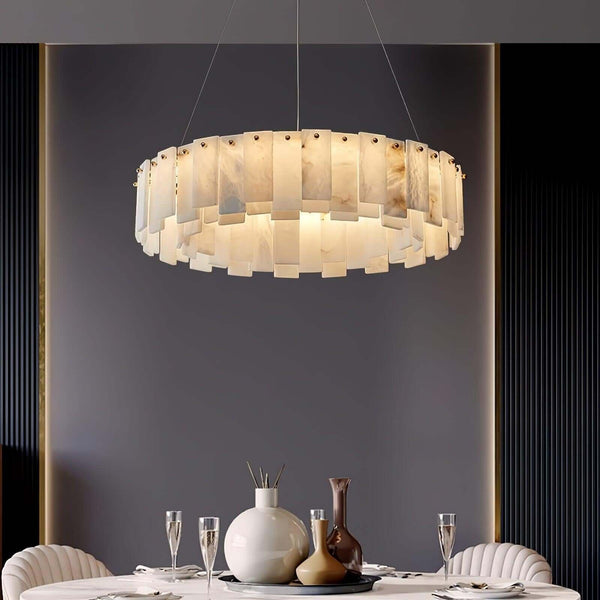 Zemora Alabaster Round Chandelier in a modern dining setting, showcasing mid-century lighting elegance.