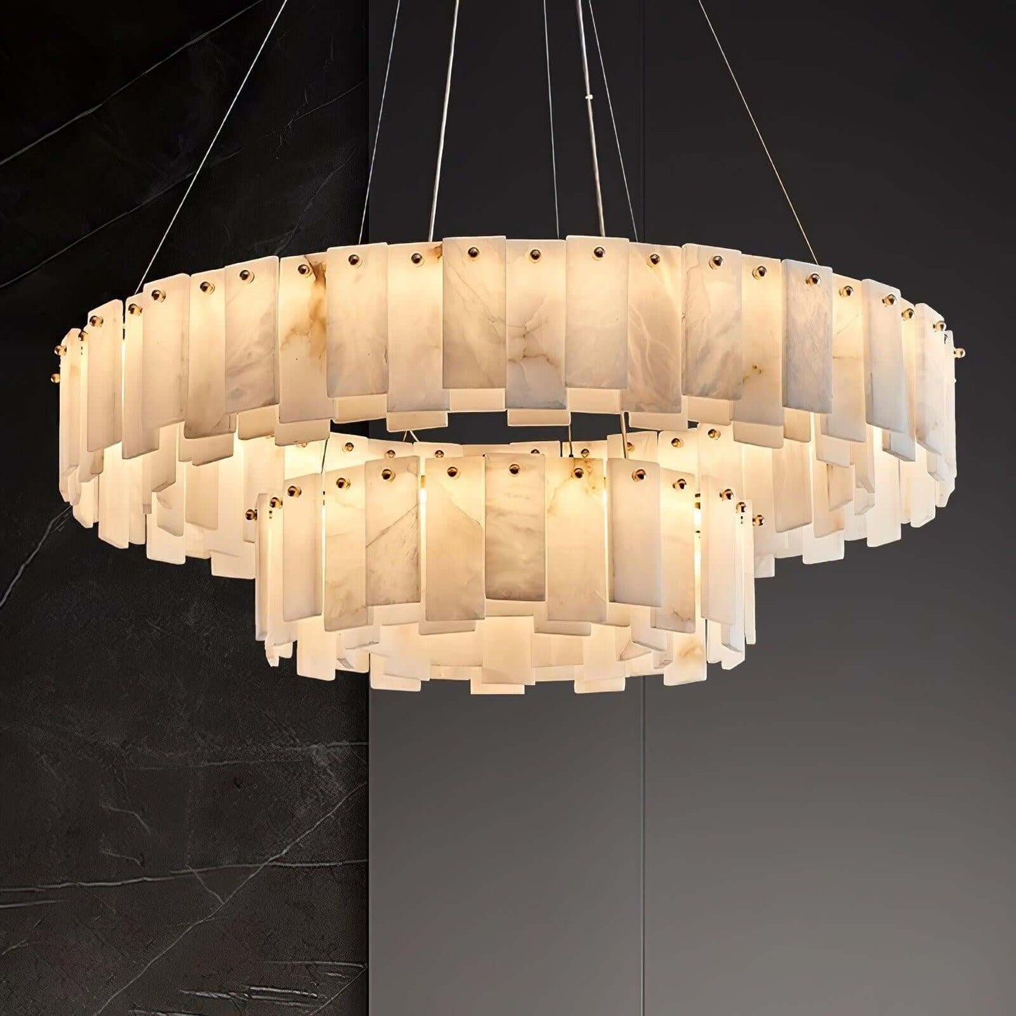 Zemora alabaster chandelier featuring two tiers, modern design, ideal for mid-century decor.