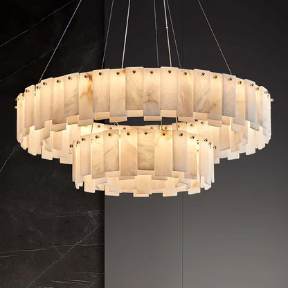 Zemora alabaster chandelier featuring two tiers, modern design, ideal for mid-century decor.