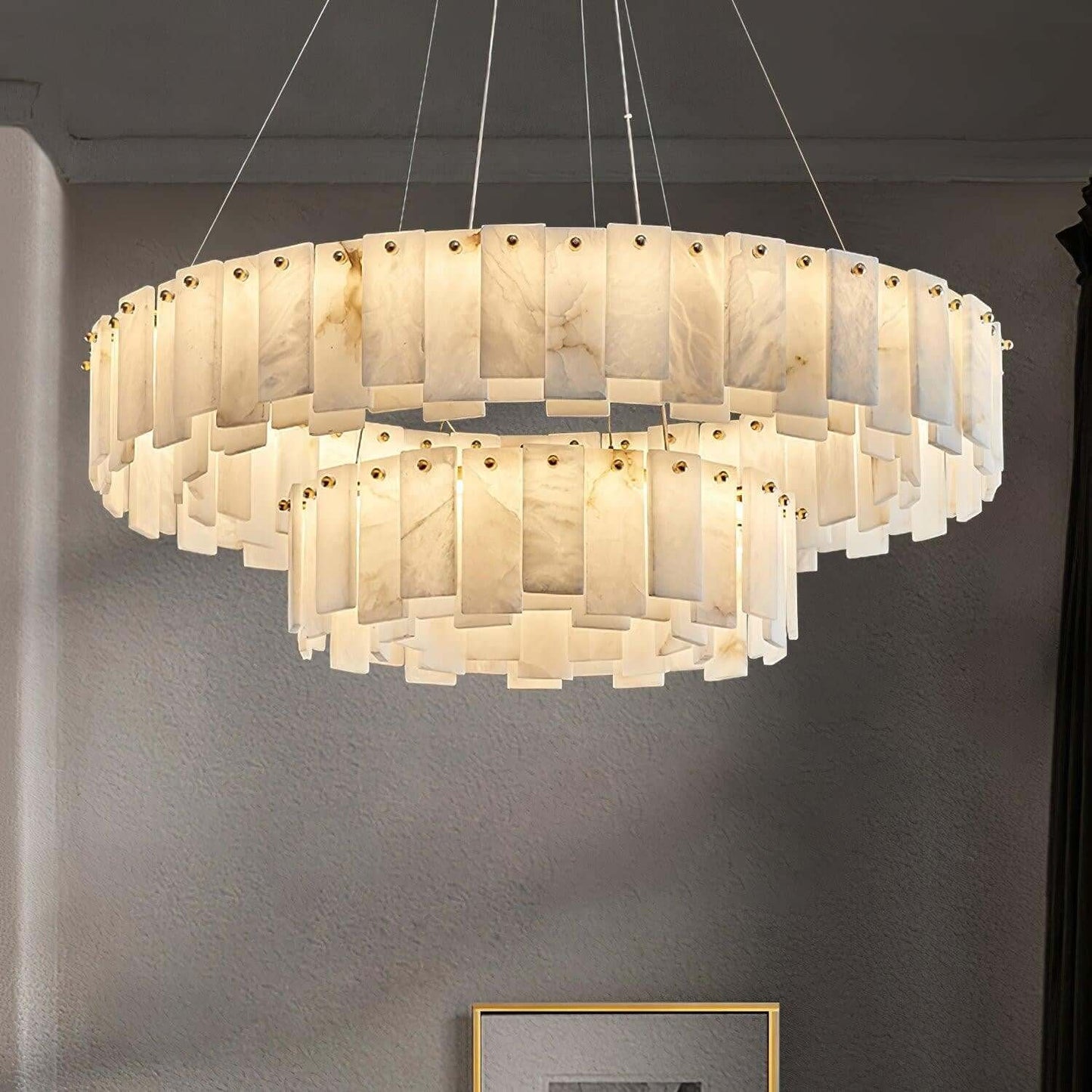Zemora chandelier featuring alabaster panels and a mid-century modern design, available in various sizes.