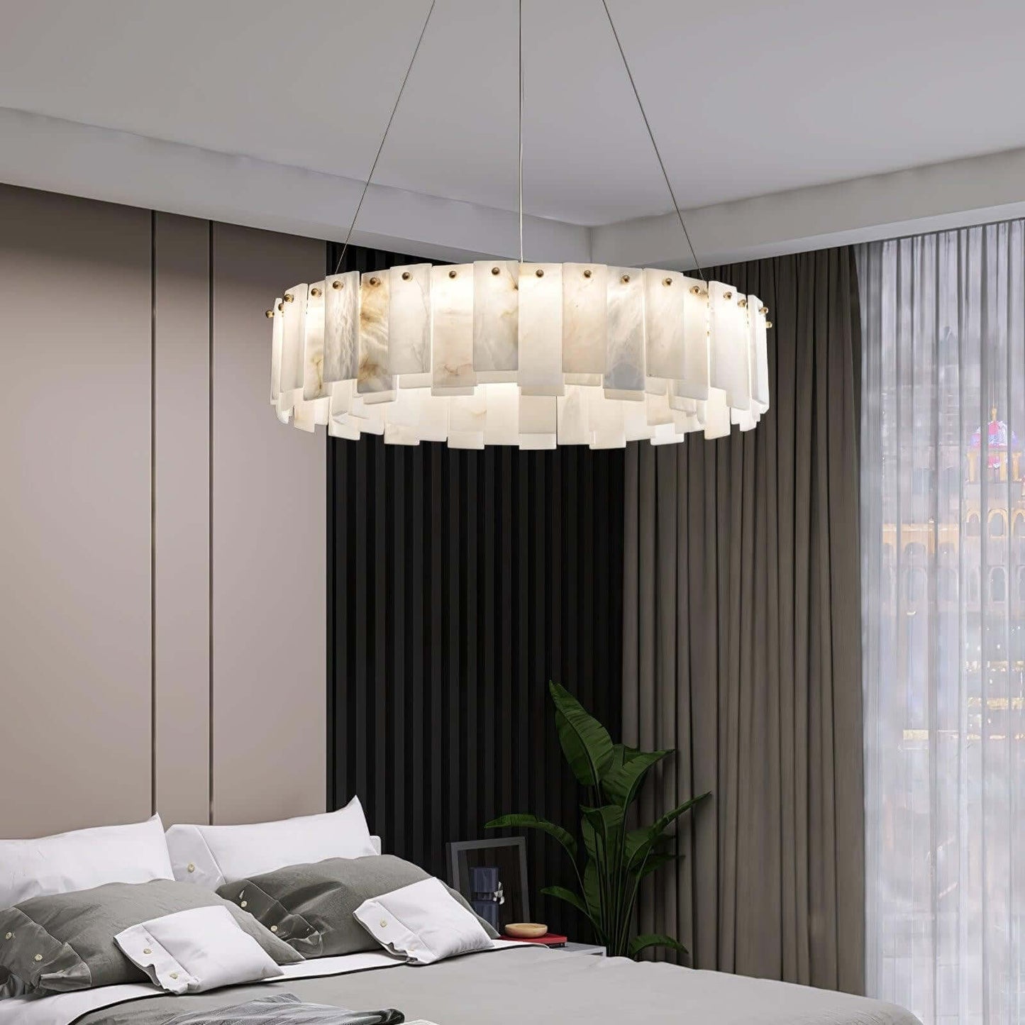 Zemora alabaster chandelier in a modern bedroom setting with mid-century design and elegant lighting.