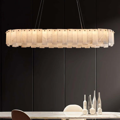 Zemora chandelier featuring a round alabaster design, ideal for mid-century modern lighting in dining spaces.