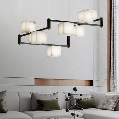 Zomir Alabaster Chandelier | Square Brass Dining Light