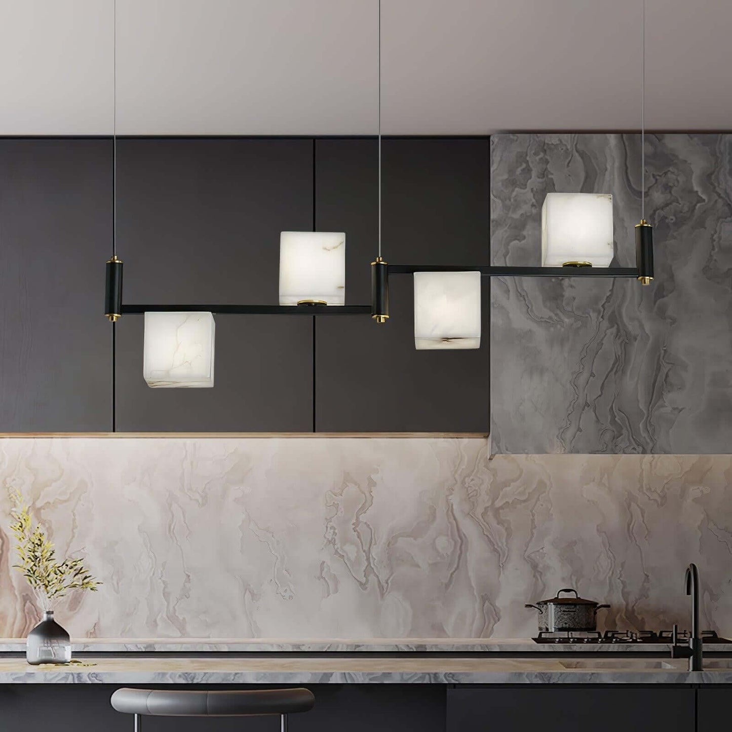 Zomir Alabaster Chandelier | Square Brass Dining Light