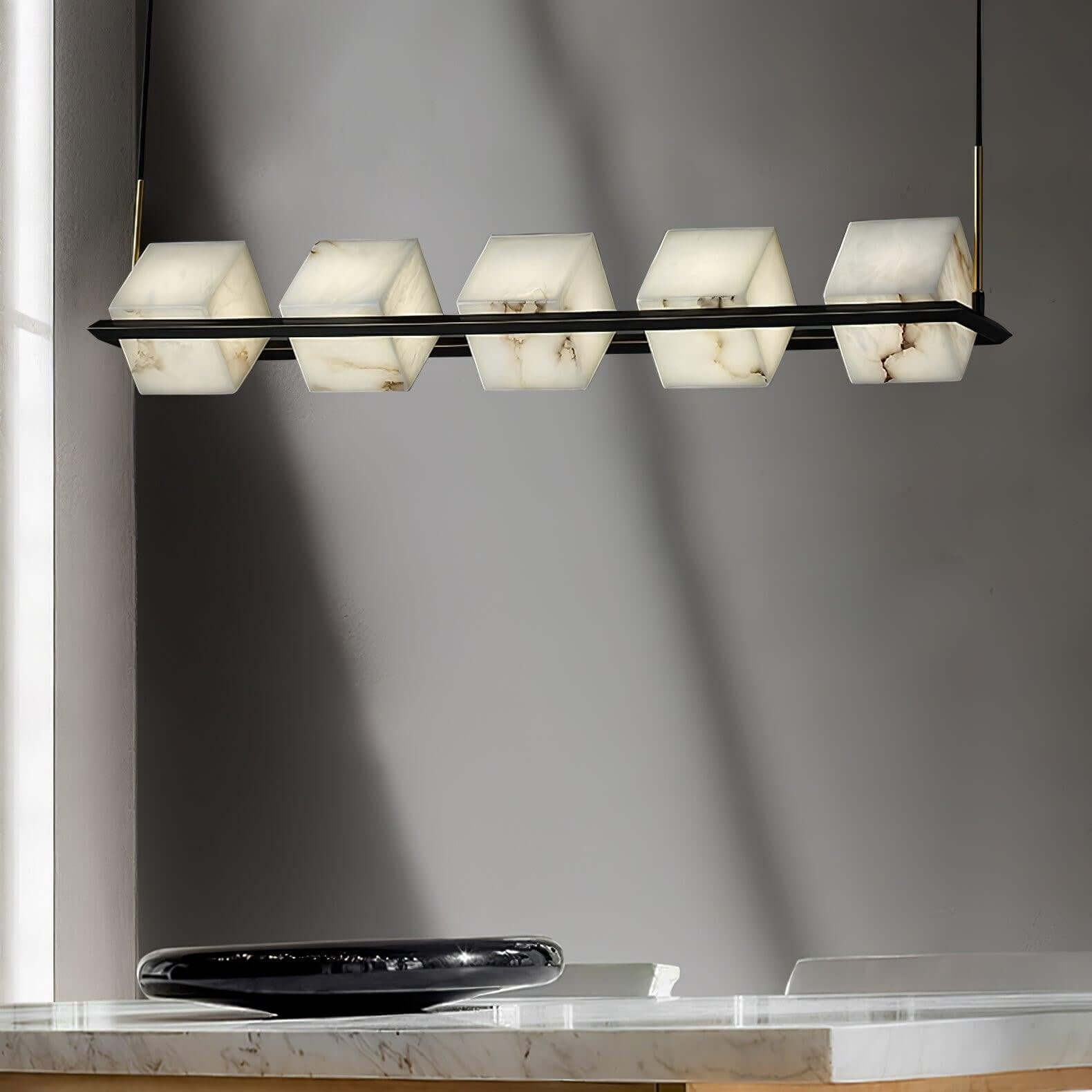 Zomir Alabaster Chandelier | Square Brass Dining Light