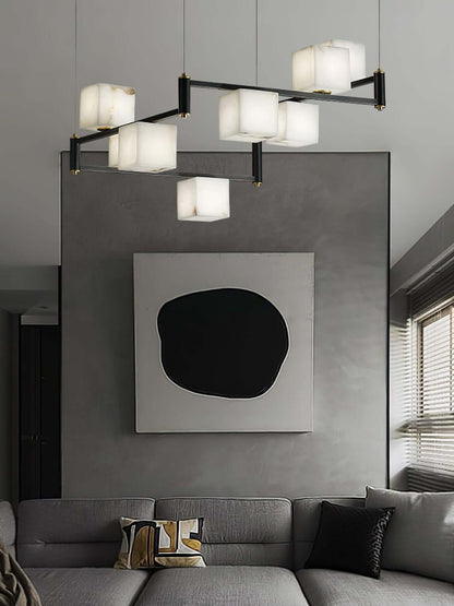 Zomir Alabaster Chandelier | Square Brass Dining Light