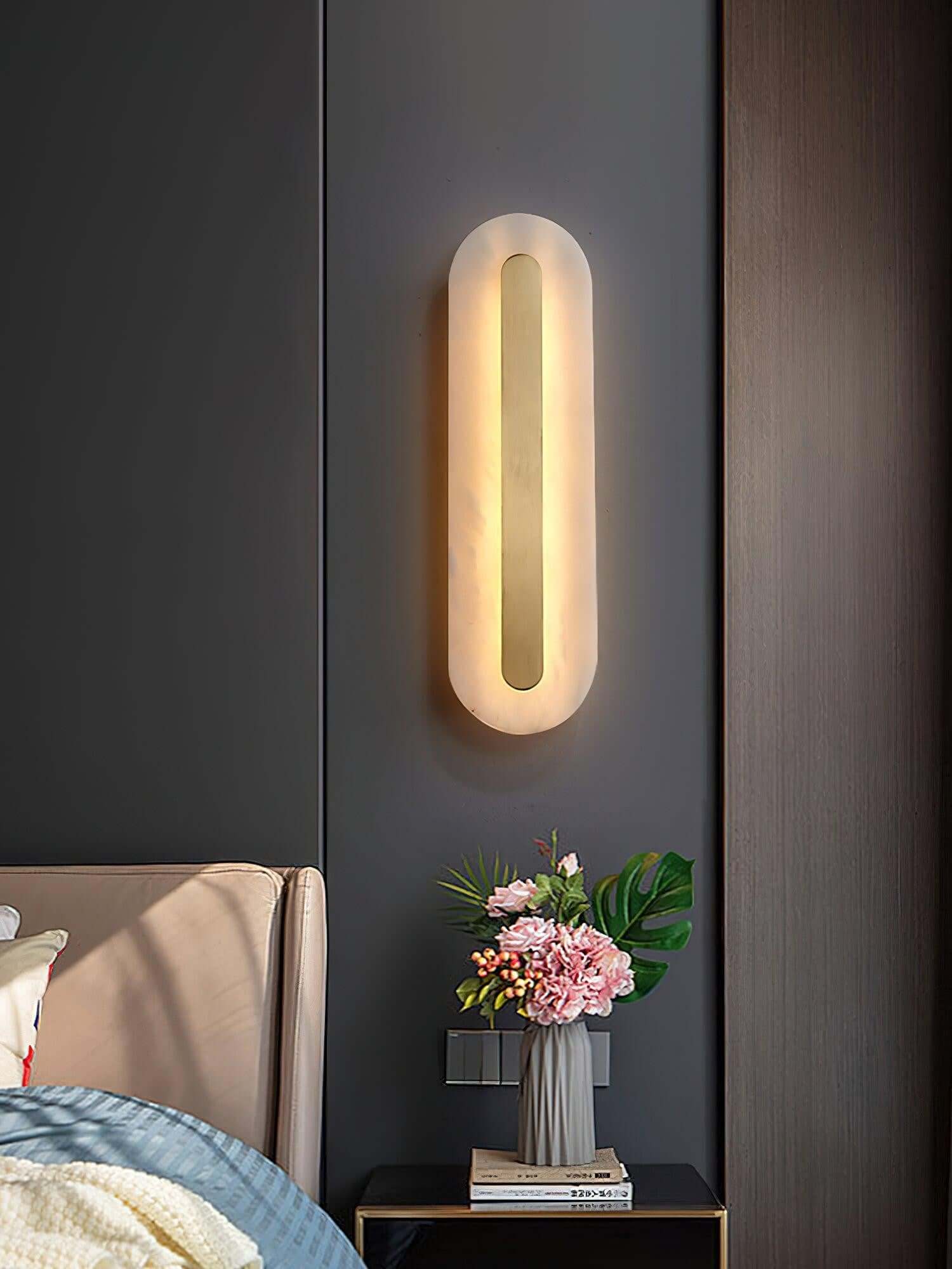 Zymera Alabaster Wall Sconce with Brass Accent Light | Rossolighting